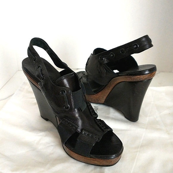 Derek Lam Genuine Leather Wedge Slingback Sandals - Black Size 37 - Picture 2 of 8